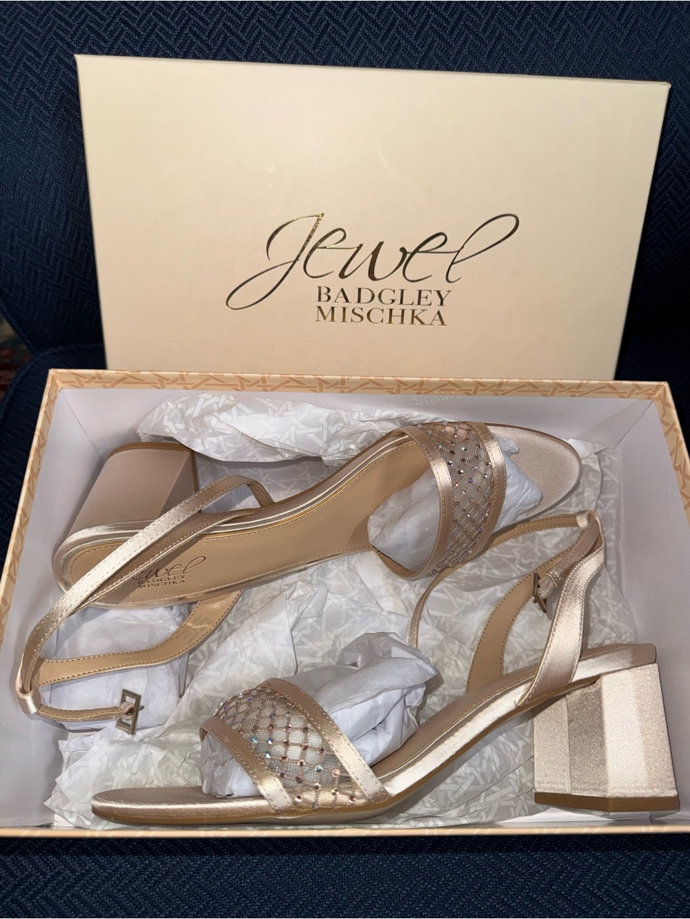 Jewel Badgley Mischka Metallic Gold Strappy Block Heel Sandals